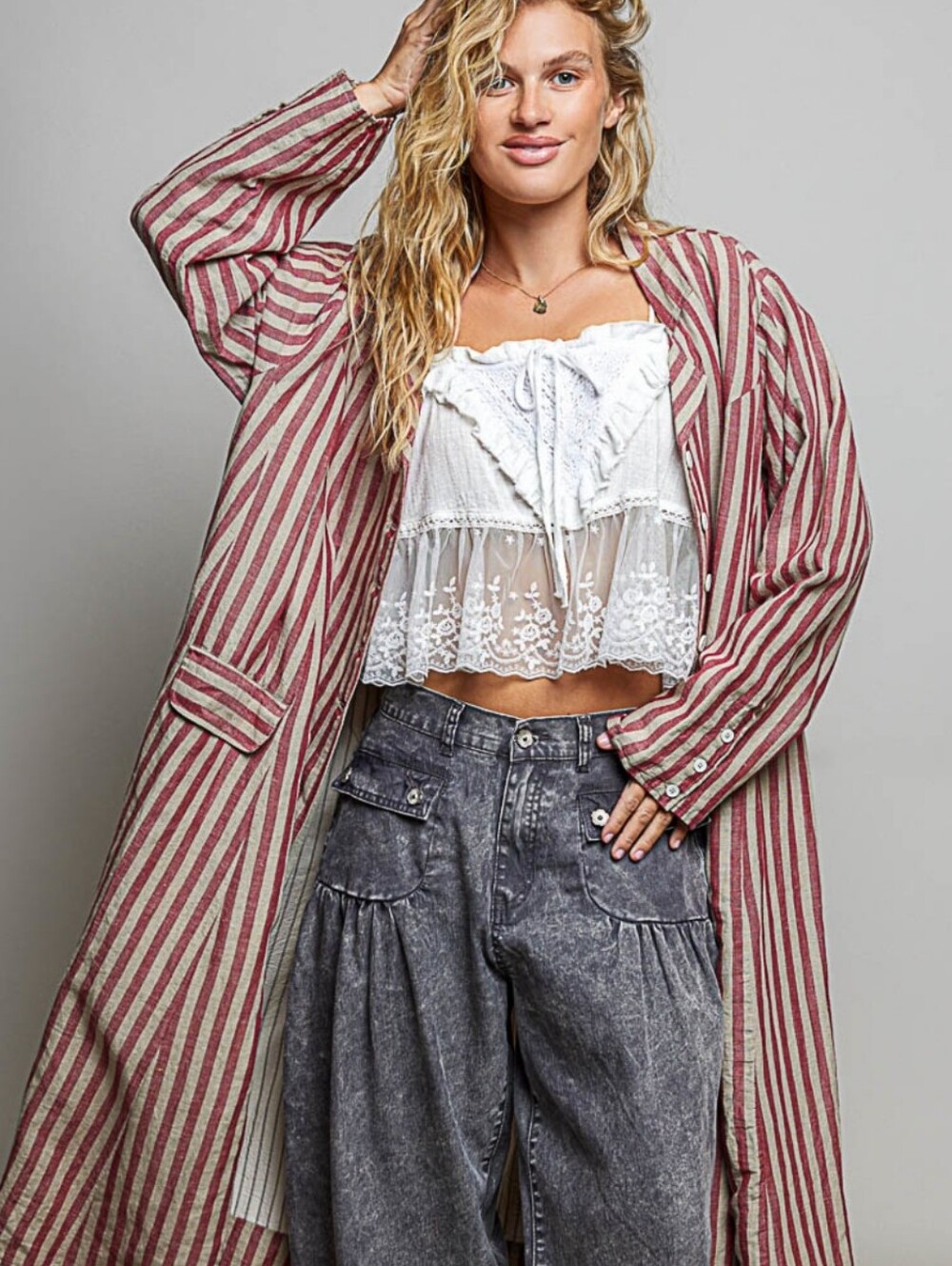 #1907 POL Free Spirit Striped Duster – Vintage Berry